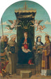 Die Jungfrau mit Kind in Majestät mit den Heiligen Michael, Bernardin von Siena, Klara und Stephan - Gian Giacomo d'Alladio — Ansicht des Kunstwerks