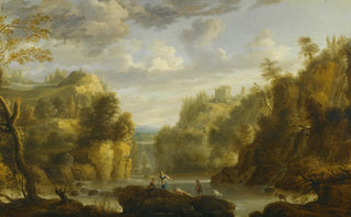 Gillis Peeters the Elder - Mountain Landscape With A Waterfall And A Capriccio View Of The Forums And Temple Of Vesta At Tivoli.webp