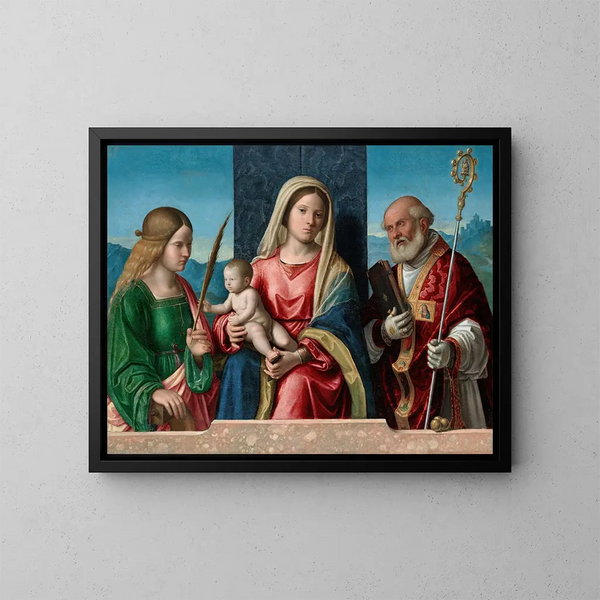 Jungfrau mit Kind mit den Heiligen Katharina und Nikolaus - Giovanni Battista Cima da Conegliano — gerahmtes Bild an der Wand