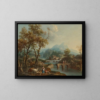 Giovanni Battista Cimaroli - An Italianate lake landscape with travellers crossing a bridge a lakeside town beyond.webp