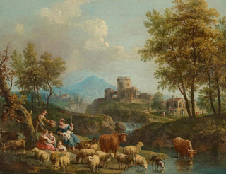 Giovanni Battista Cimaroli - An Italianate river landscape with drovers and cattle on a track a village beyond.webp