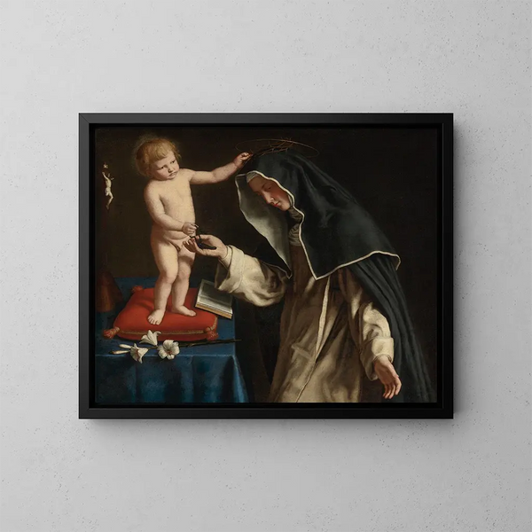 Sankt Katharina von Siena, die die Dornenkrone des Jesuskindes erhält - Giovanni Battista Salvi da Sassoferrato — gerahmtes Bild an der Wand