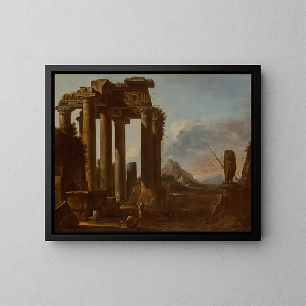 eines klassischen Tempels in Ruinen des toskanischen Ordens mit Figuren - Giovanni Ghisolfi — gerahmtes Bild an der Wand