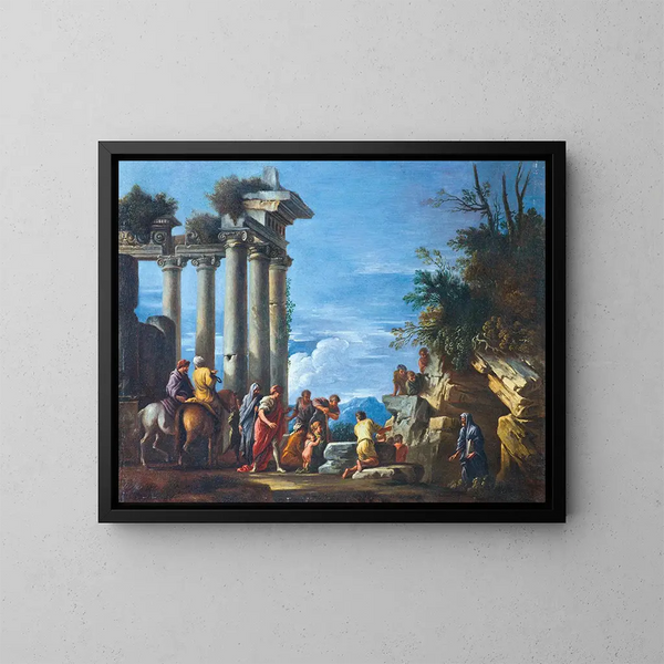 Figuren in der Nähe eines Tempels in Ruinen mit Pythagoras, der aus der Höhle erscheint - Giovanni Ghisolfi — gerahmtes Bild an der Wand