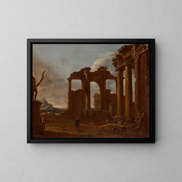 Zwei klassische Tempel in Ruinen mit Relief von Statue und Figuren - Giovanni Ghisolfi — gerahmtes Bild an der Wand