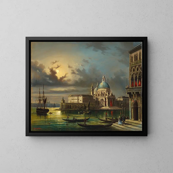 Das Punta della Dogana und Santa Maria della Salute in Venedig im Mondschein - Giovanni Grubacs — gerahmtes Bild an der Wand