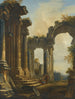 Ein Caprice von klassischen Ruinen mit drei Männern, die auf den Stufen eines Tempels conversieren - Giovanni Niccolò Servandoni — Ansicht des Kunstwerks