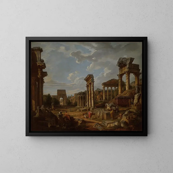 Ein Laune des Römischen Forums - Giovanni Paolo Panini — gerahmtes Bild an der Wand