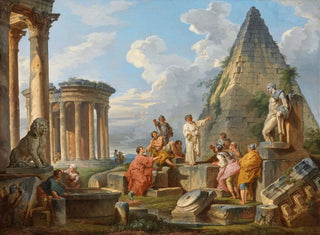 Giovanni Paolo Panini - A Capriccio with Saint Paul Preaching to the Romans with the Temple of Vesta and Pyramid of Caius Cestius.webp