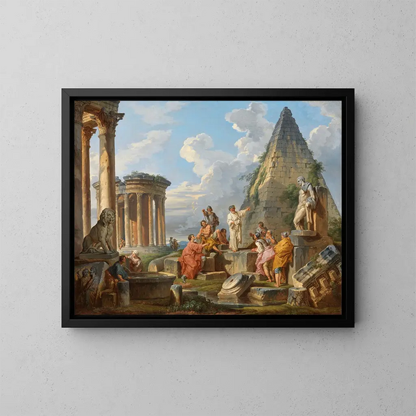 Ein Laune mit dem heiligen Paulus, der den Römern predigt, mit dem Tempel der Vesta und der Pyramide von Caius Cestius - Giovanni Paolo Panini — gerahmtes Bild an der Wand