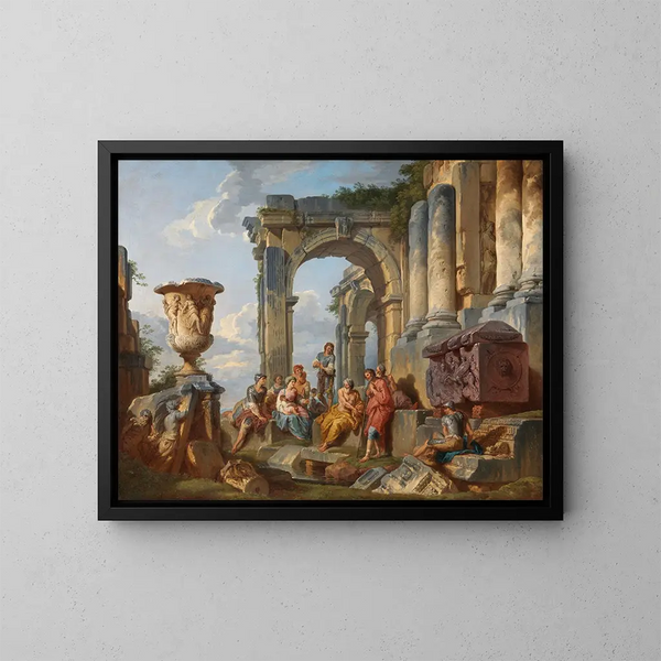 Ein Laune mit dem heiligen Petrus, der den Römern predigt - Giovanni Paolo Panini — gerahmtes Bild an der Wand