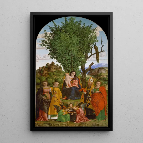 Jungfrau mit Kind mit Heiligen - Girolamo dai Libri — gerahmtes Bild an der Wand
