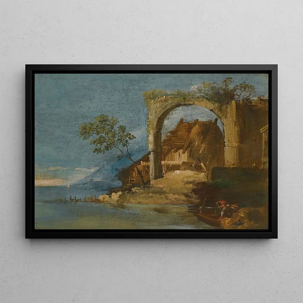 Ein launischer Flusslandschaft mit Figuren in einem Boot im Vordergrund - Giuseppe Bernardino Bison — gerahmtes Bild an der Wand