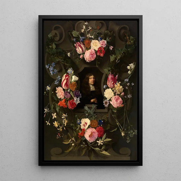 Portrait eines Mannes in einer Girlande - Gonzales Coques — gerahmtes Bild an der Wand