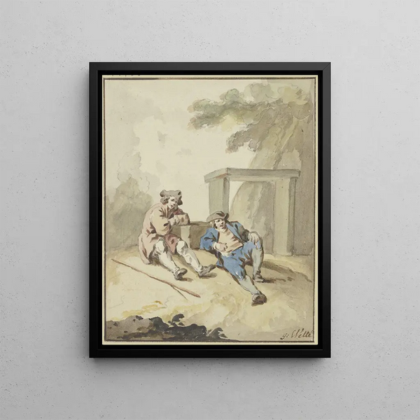 Gottlieb Welt - Zwei Mnner bei einer Steinbank am Boden lagernd.webp