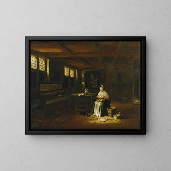 Eine Frau in einem Interieur, die Gemüse schält - Govert Dircksz Camphuysen — gerahmtes Bild an der Wand