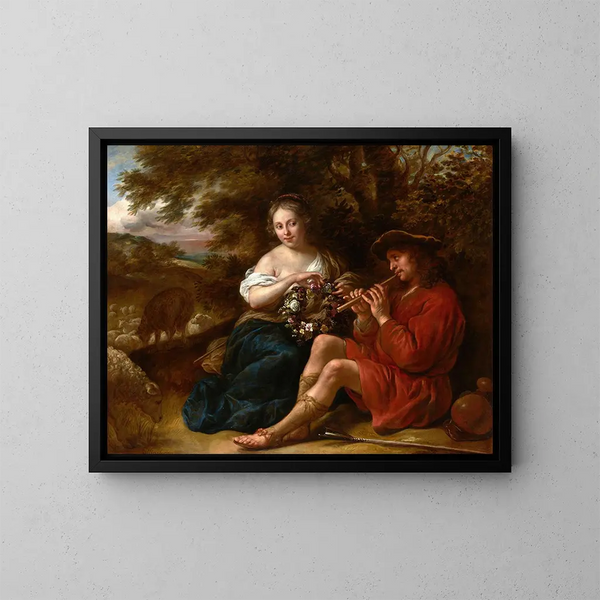 Bergère elegante, die einem Hirten beim Flötenspiel in einer arkadischen Landschaft zuhört - Govert Flinck — gerahmtes Bild an der Wand