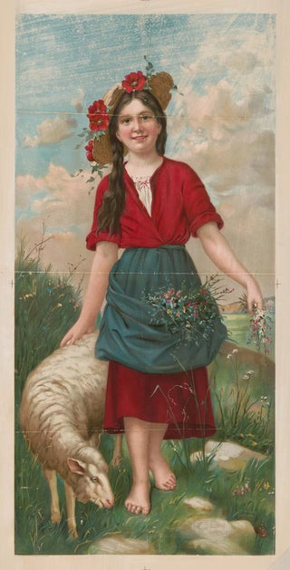 Gray Litho Co - Young girl wearing a red dress and blue apron full of wildflower.webp
