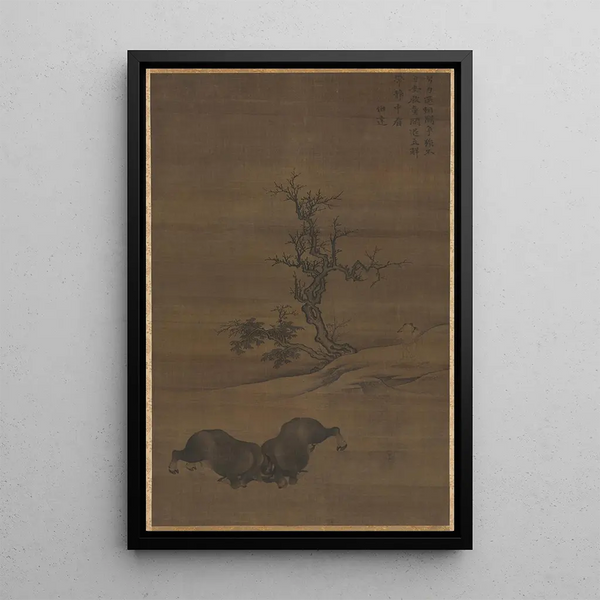 Jungen der Herde und Büffel in der Landschaft - Guo Min — gerahmtes Bild an der Wand