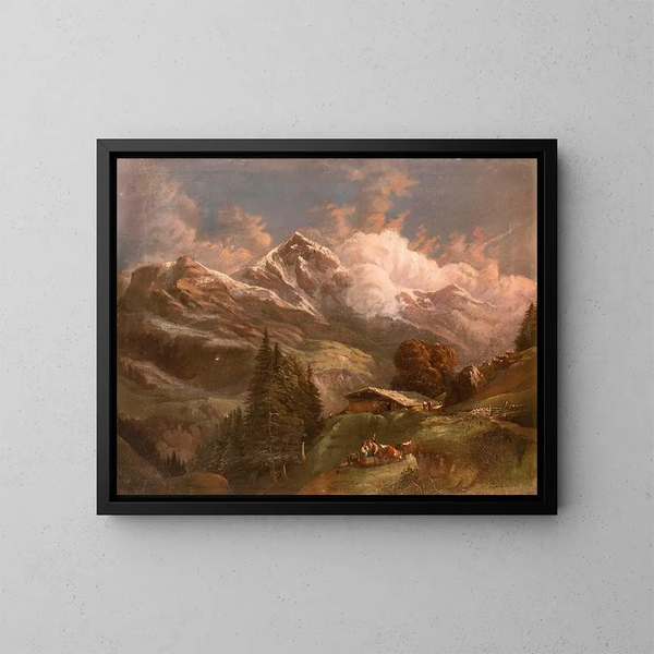 Alpage animé avec vue sur les sommets alpins - Gustav Barbarini — gerahmtes Bild an der Wand