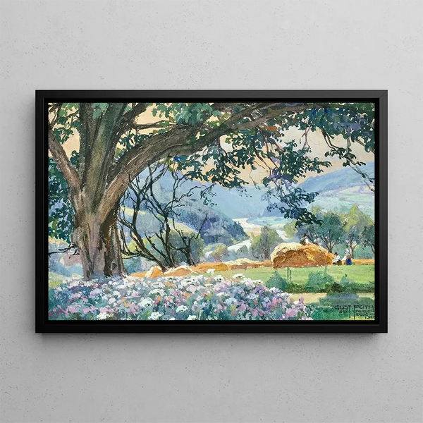Gustav Feith - Hay harvest and flowering shrubs near Persenbeug upon Danube river.webp