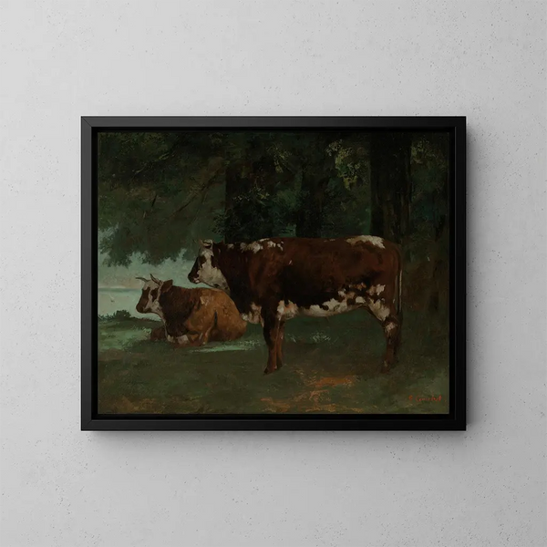 Zwei Kühe mit brauner Fellzeichnung - Gustave Courbet — gerahmtes Bild an der Wand