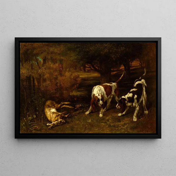 Jagdhunde mit totem Hasen - Gustave Courbet — gerahmtes Bild an der Wand