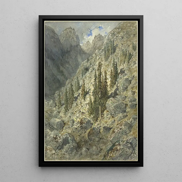 Eine alpine Tal mit Bäumen und Felsen - Gustave Doré — gerahmtes Bild an der Wand