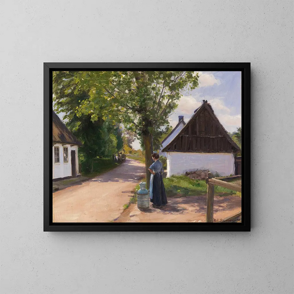 Rue de village danoise avec paysanne et laitier - Hans Andersen Brendekilde — gerahmtes Bild an der Wand