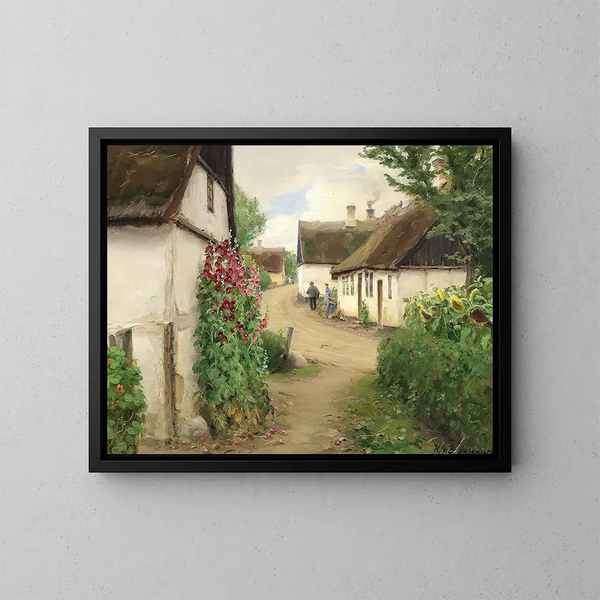 Sommertag in einer Dorfsstraße mit Sonnenblumen und roten Stockrosen - Hans Andersen Brendekilde — gerahmtes Bild an der Wand