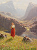 Sommer im norwegischen Fjord: Mädchen, das mit einer Harke und einer Schachtel nach Hause kommt - Hans Andreas Dahl — Ansicht des Kunstwerks