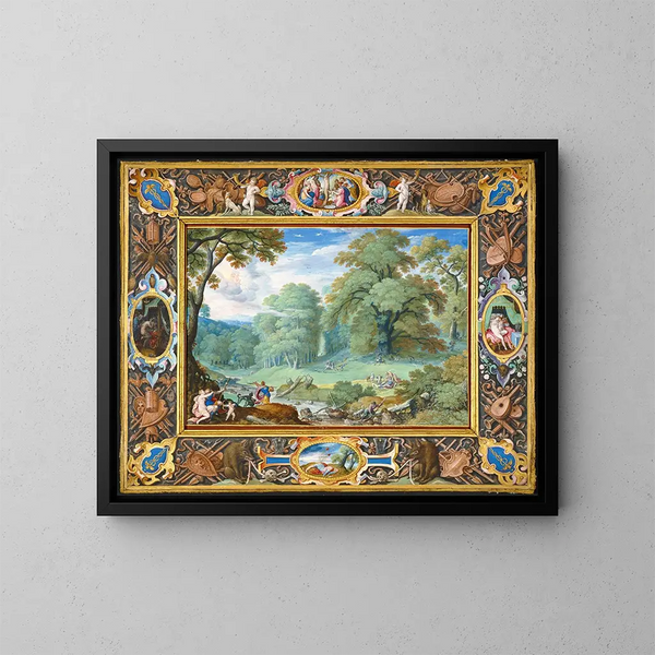 Landschaft mit der Geschichte von Venus und Adonis - Hans Bol — gerahmtes Bild an der Wand