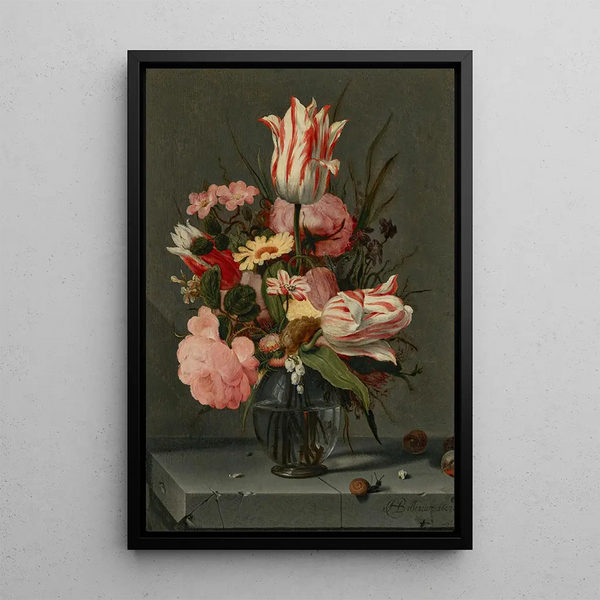 Blumen in einer Vase aus Glas auf einer Fensterbank - Hans Bollongier — gerahmtes Bild an der Wand