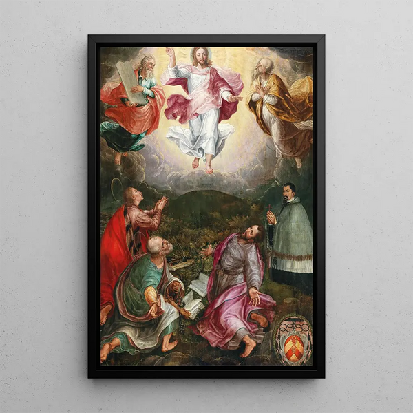 Die Verklärung Christi auf dem Berg Thabor mit den Propheten Elia und Mose, den Heiligen Johannes, Petrus und Jakobus, sowie dem Spender Jakob Rassler - Hans Caspar Memberger — gerahmtes Bild an der Wand