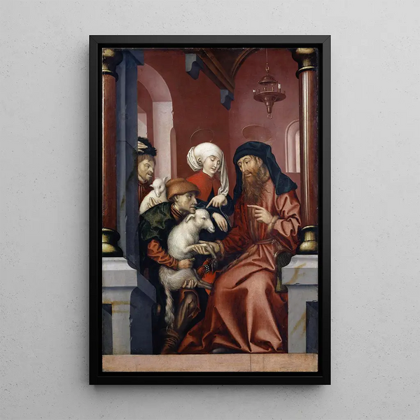 Joachim und Anne, die ein Lamm für das Opfer auswählen - Hans Fries — gerahmtes Bild an der Wand