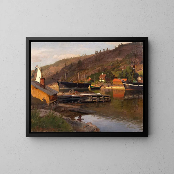 Quai de débarquement Husvik Drøbak - Hans Gude — gerahmtes Bild an der Wand