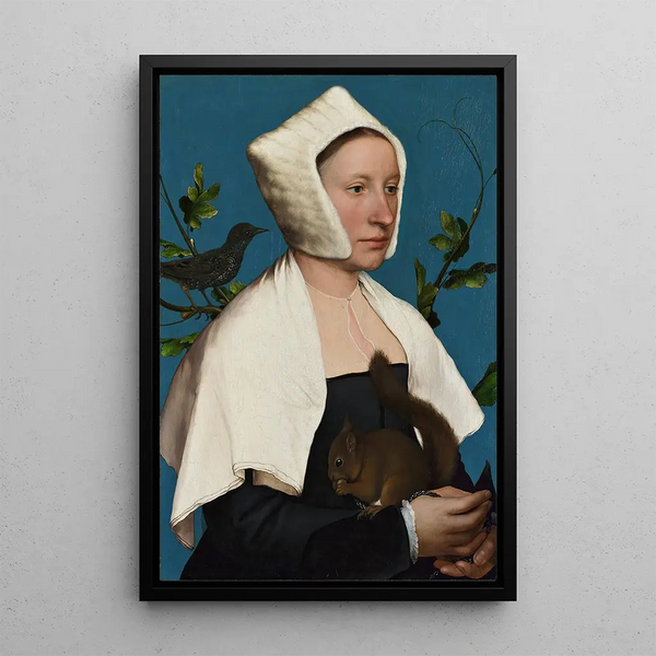 Eine Dame mit einem Eichhörnchen und einer Amsel - Hans Holbein der Jüngere — gerahmtes Bild an der Wand