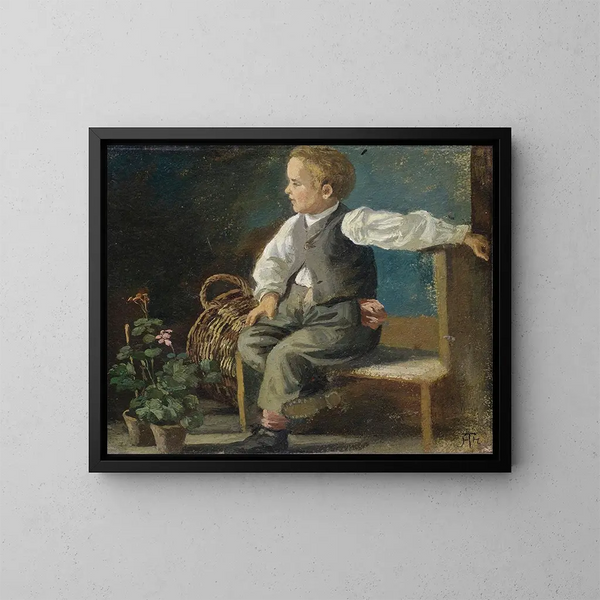 Ein junger Junge auf einer Bank mit Blumenkrügen und einem Korb aus Weide - Hans Thoma — gerahmtes Bild an der Wand
