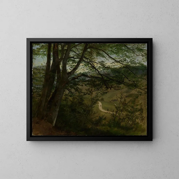 Blick durch Bäume und Büsche auf das Tal - Hans Thoma — gerahmtes Bild an der Wand