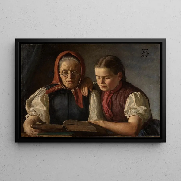 Mutter und Schwester des Künstlers, die die Bibel liest - Hans Thoma — gerahmtes Bild an der Wand