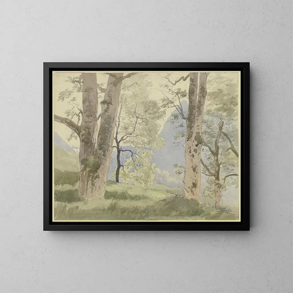 Landschaftsgemälde des Schwarzwalds, Blick vom Waldrand auf die Berge - Hans Thoma — gerahmtes Bild an der Wand