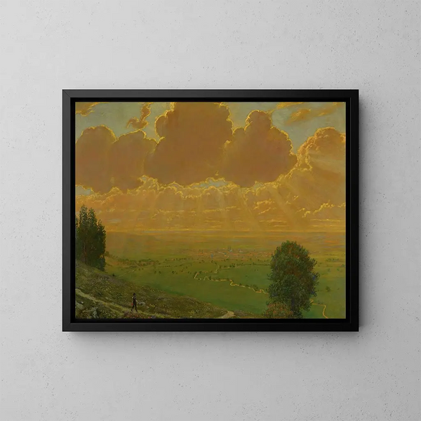 Sonnenstrahl über Sckingen, Schwarzwald, signiert mit den Initialen des Künstlers und datiert auf 1910 - Hans Thoma — gerahmtes Bild an der Wand