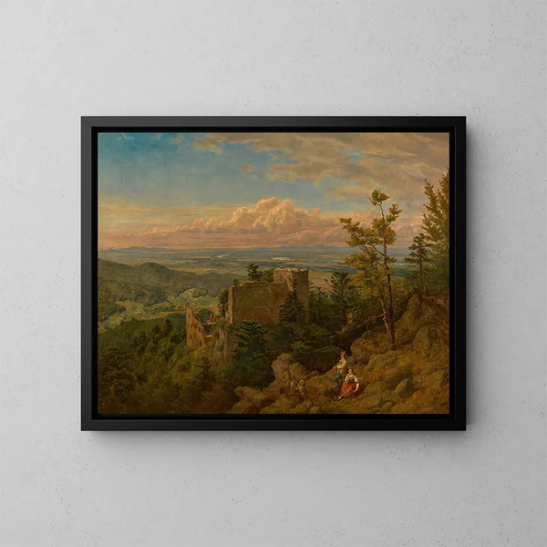 Die Ruinen der Burg Hohenbaden überblicken das Rheintal - Hans Thoma — gerahmtes Bild an der Wand