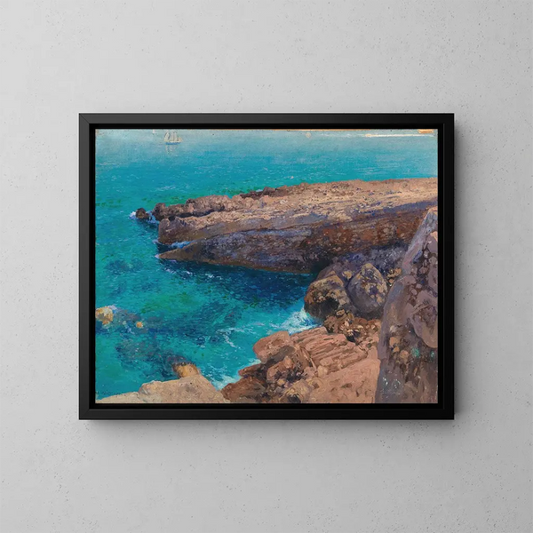 Eine Klippe mit einem Segelboot im Hintergrund - Hans Wild — gerahmtes Bild an der Wand