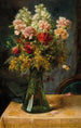 Ein Blumenstrauß mit Tulpen und Nelken in einer Glasvase mit Schmetterling - Hans Zatzka — Ansicht des Kunstwerks
