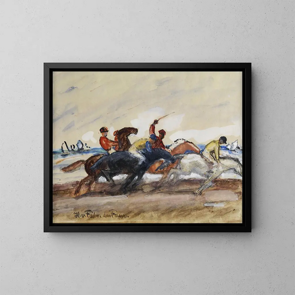 Jockeys lors d'une course sur la plage - Hans von Faber du Faur — gerahmtes Bild an der Wand