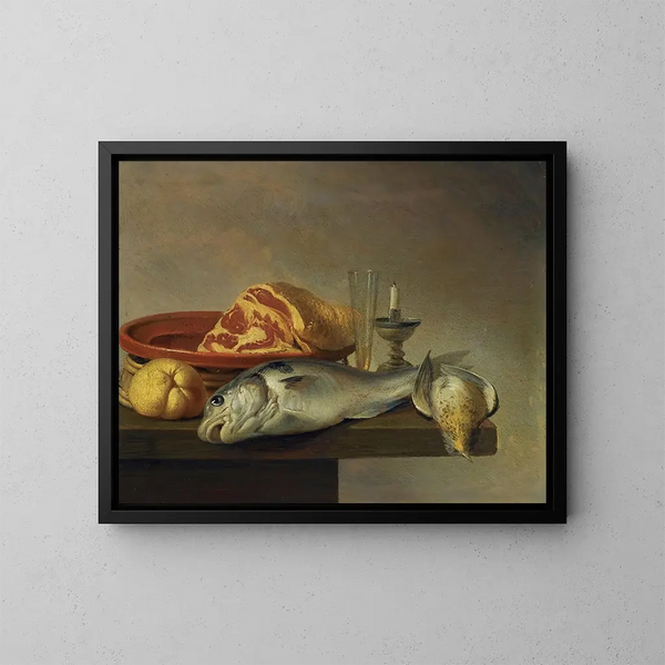 Naturstillleben mit Schinken, Fisch, Kerze und weiteren Gegenständen, die auf der Tischkante angeordnet sind - Harmen Steenwijck — gerahmtes Bild an der Wand