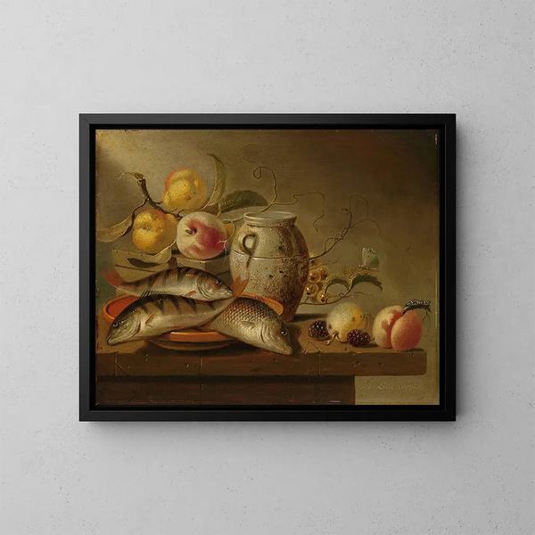 Naturstillleben mit Terrakottakrug, Fisch und Früchten - Harmen Steenwijck — gerahmtes Bild an der Wand