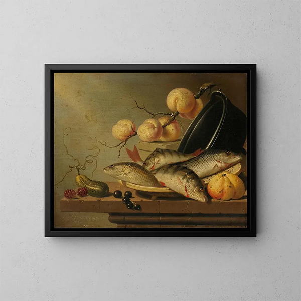 Stillleben mit Fisch und Früchten - Harmen Steenwijck — gerahmtes Bild an der Wand