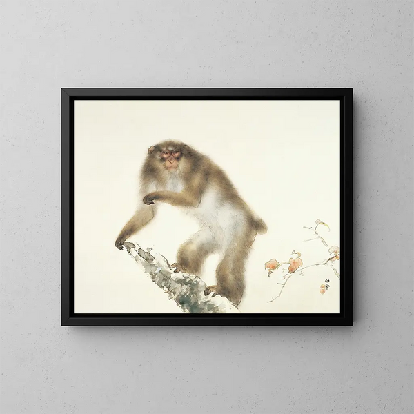 Alter Affe mit Kirsche im Herbst - Hashimoto Kansetsu — gerahmtes Bild an der Wand